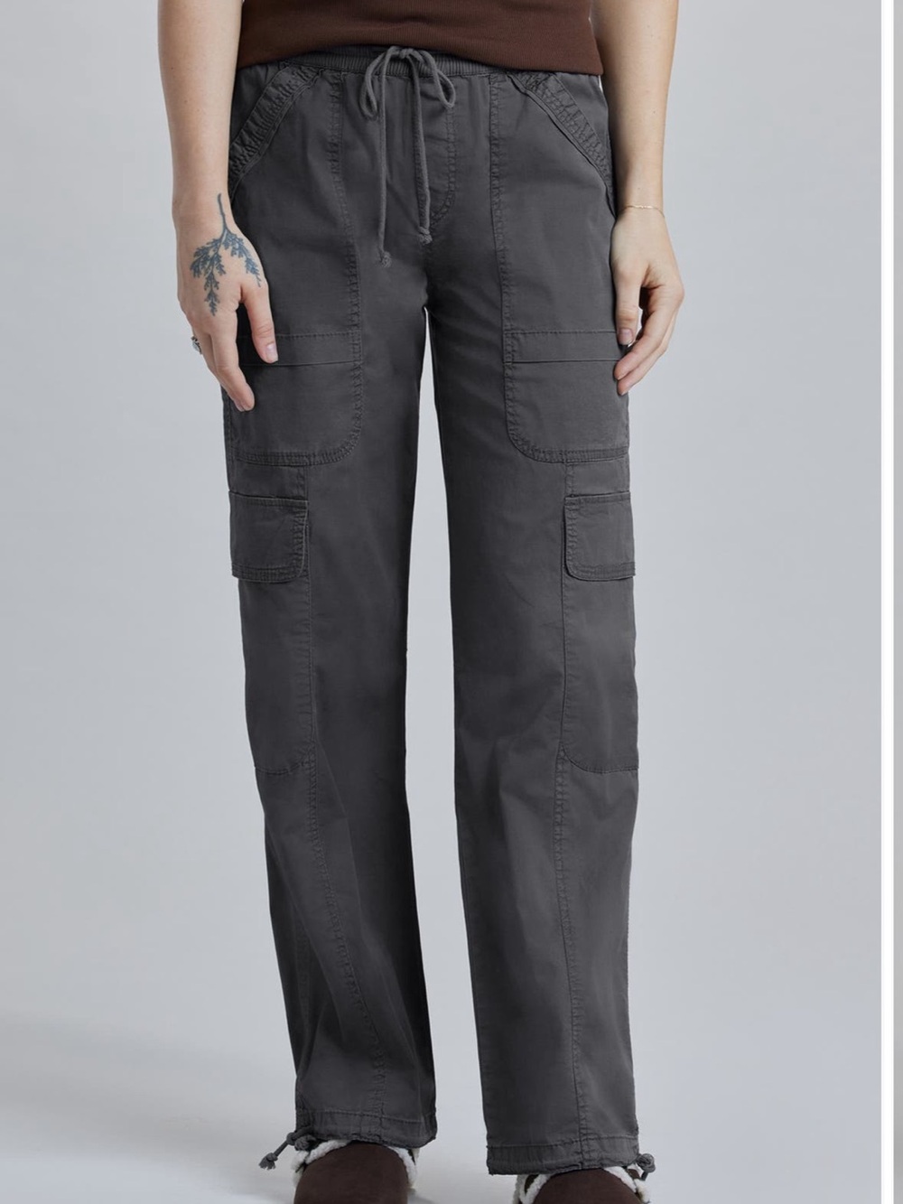 Women's Wide-Leg Cargo Pants with Drawstring Waist - Charcoal - Picture 2 of 4